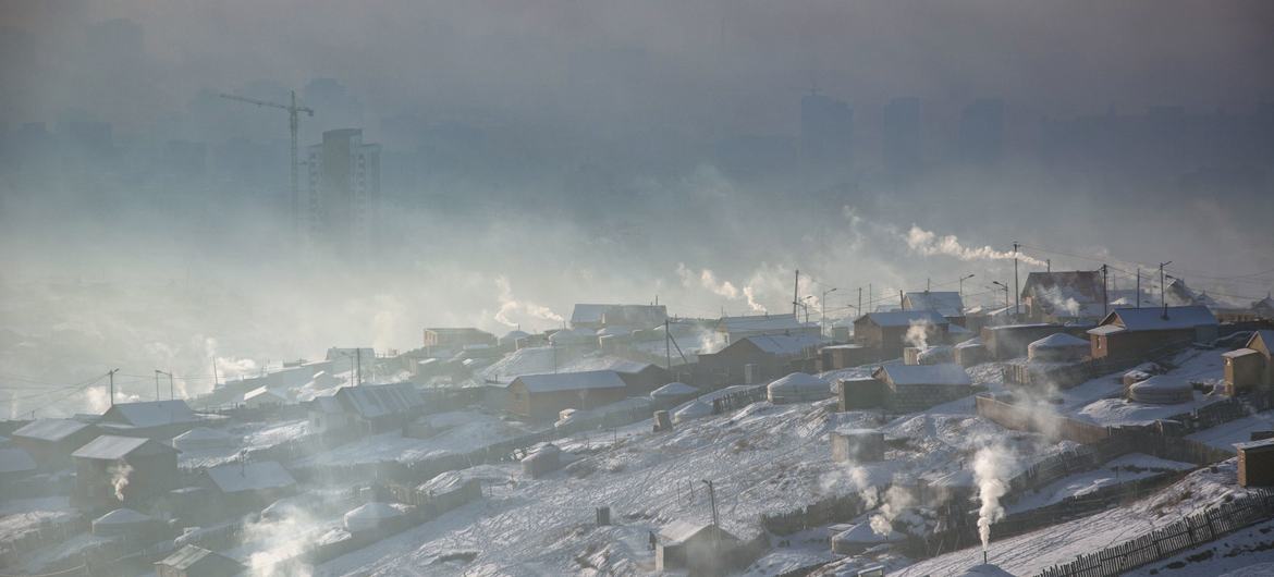 Air pollution in Ulaanbaatar city, Mongolia.